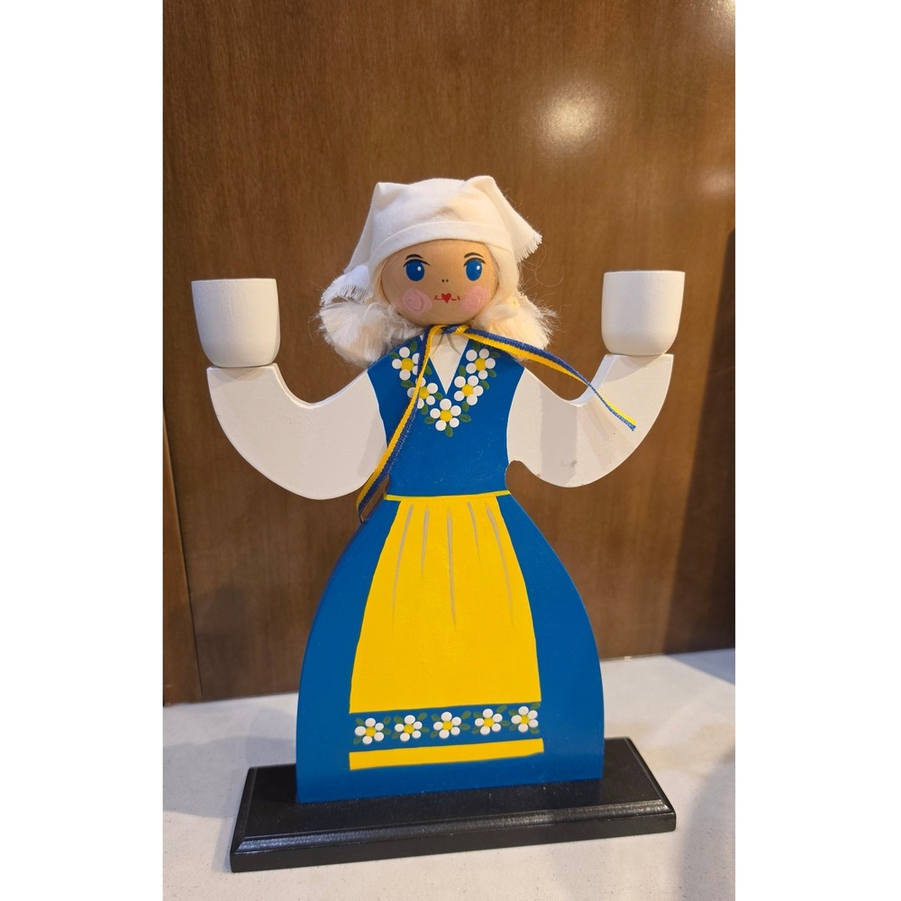 Swedish Dala Girl Wooden Candle Holder Scandinavian Folk Art Blue Yellow 10 inch